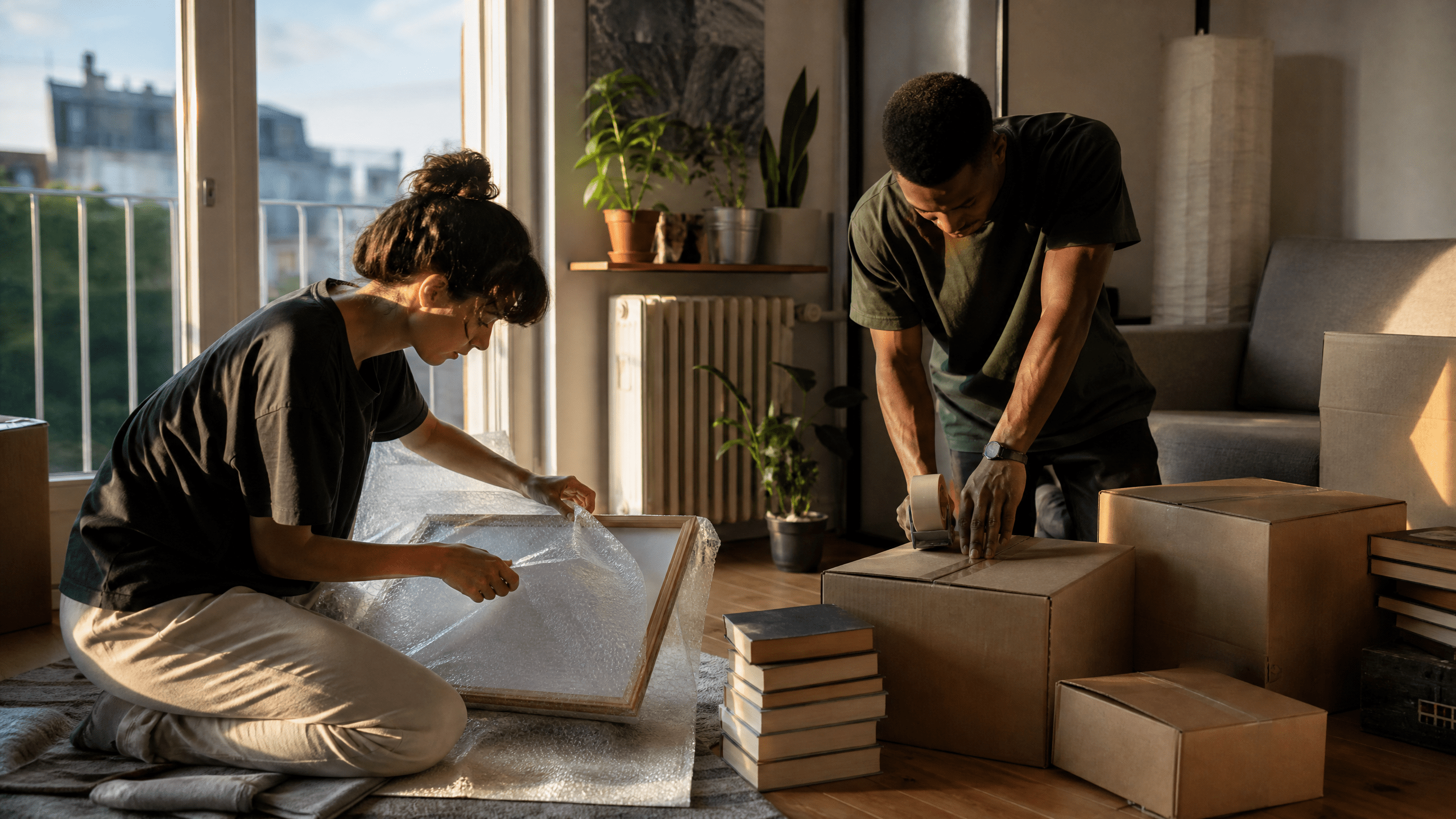 Zwei Erwachsene packen Bücher und Bilder geordnet in stabile Umzugskartons.