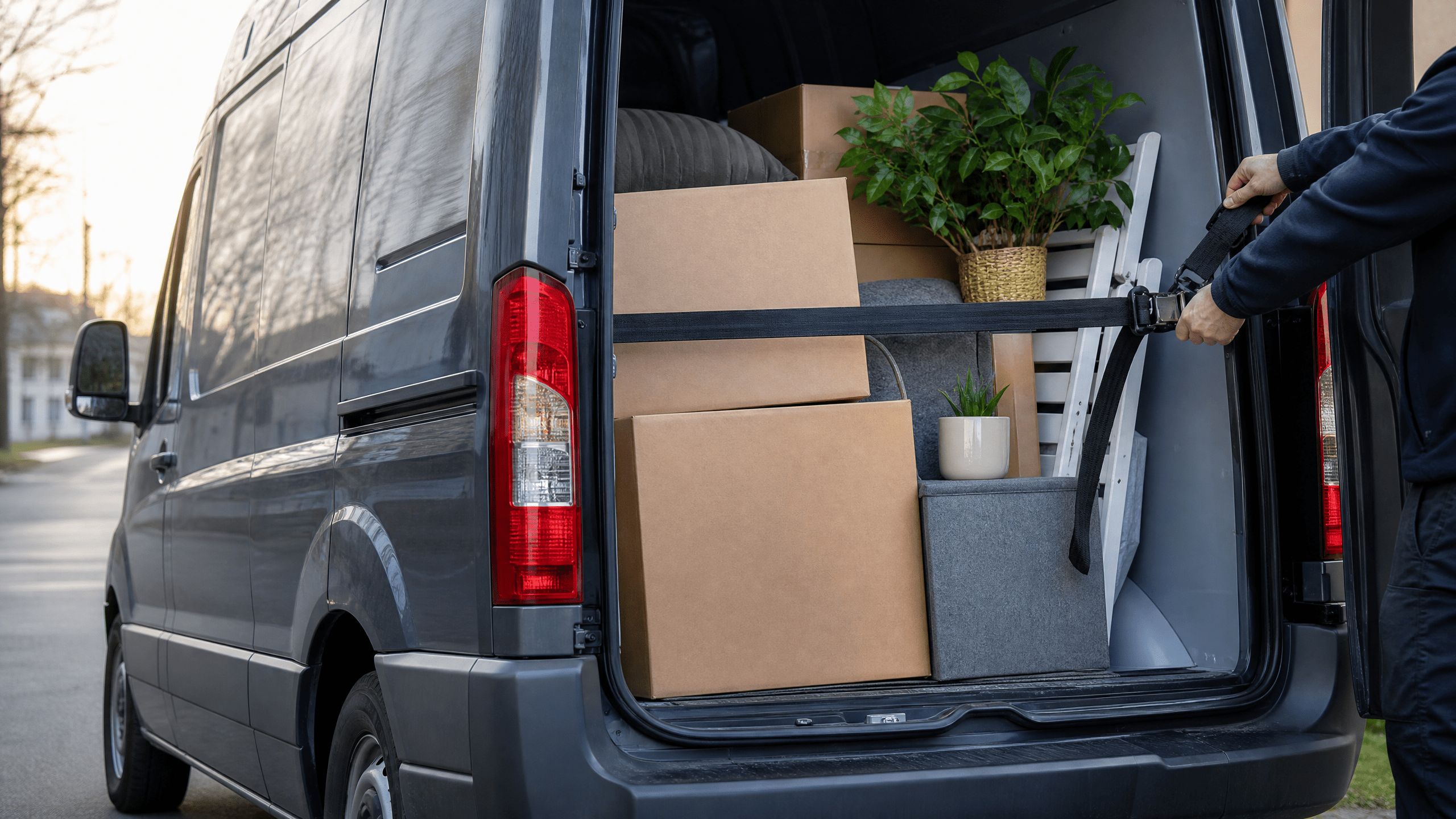 Ordentlich gesicherte kleine Umzugsladung in einem neutralen Transporter.