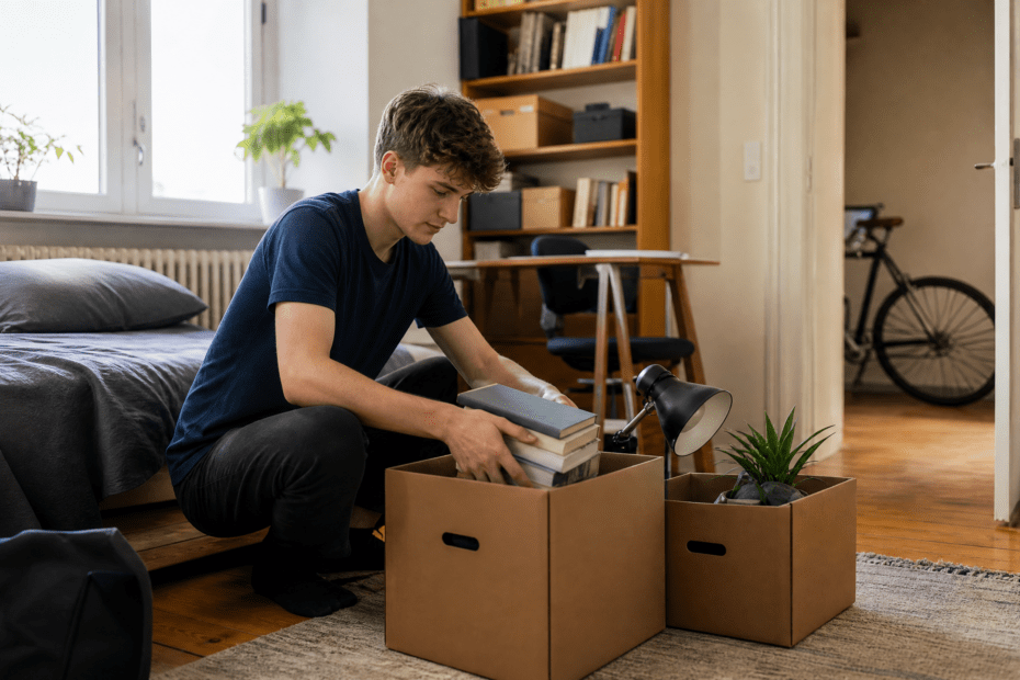 Student packt Bücher, Lampe und Pflanze in wenige Umzugskartons in einem hellen WG-Zimmer.