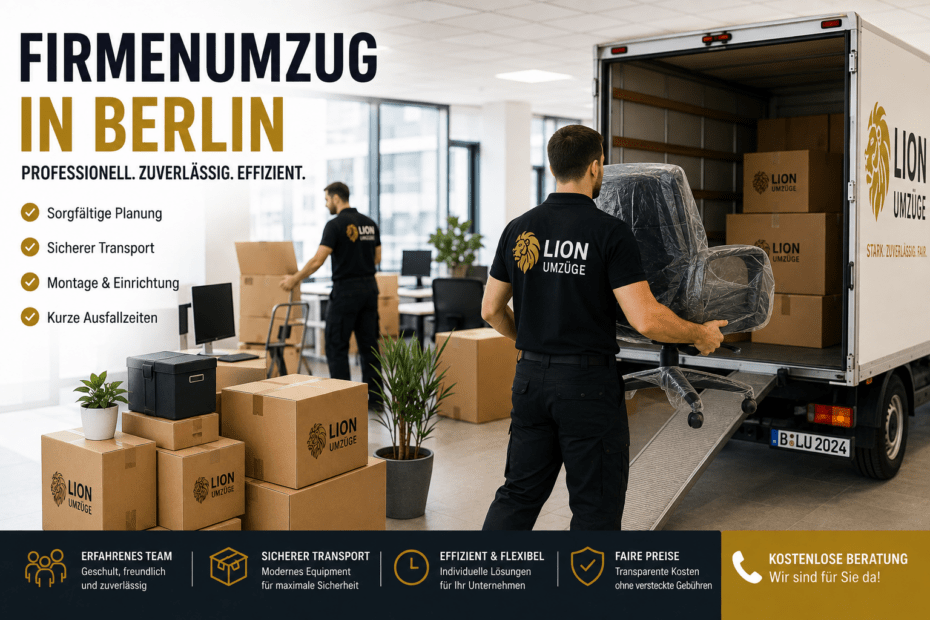 Professionelles Umzugsteam transportiert Büromöbel und Kartons bei einem Firmenumzug in Berlin.