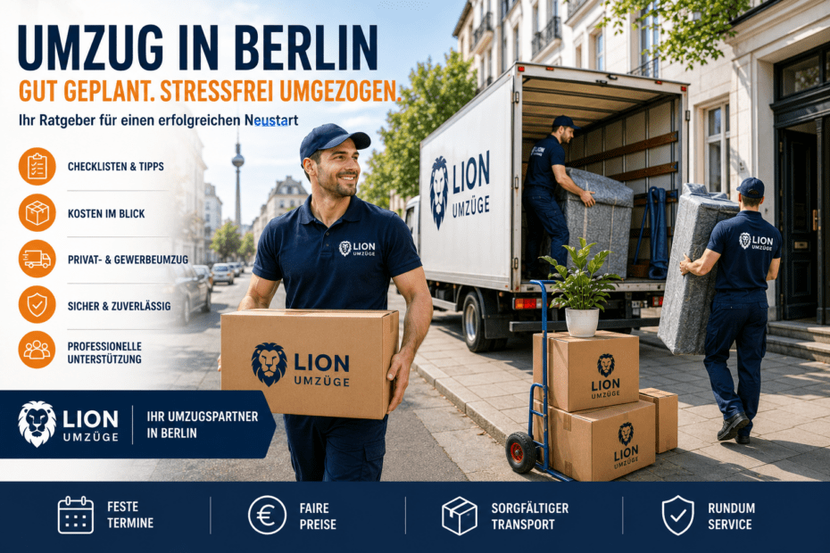Professionelle Umzugshelfer transportieren Umzugskartons und Möbel bei einem gut geplanten Umzug in Berlin.