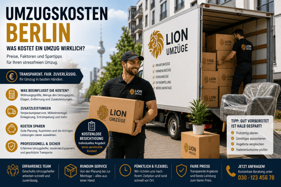 Professionelle Umzugshelfer beladen einen Umzugswagen mit Möbeln und Kartons in Berlin.