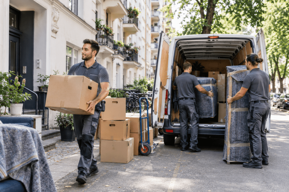 Professionelle Umzugshelfer laden Möbel und Umzugskartons bei einem Umzug in Berlin in einen Transporter