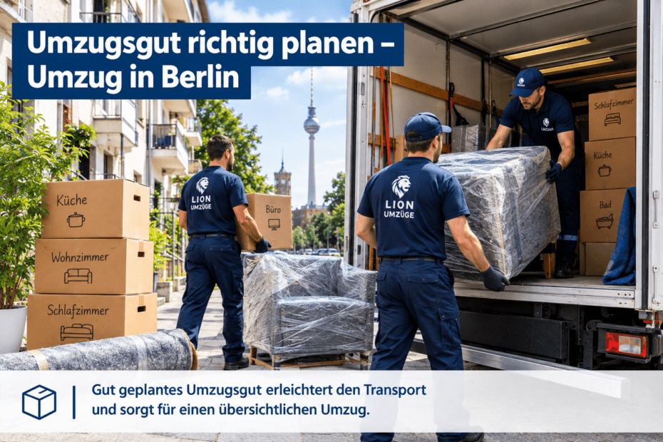 Professionelle Umzugshelfer laden Möbel und beschriftete Umzugskartons bei einem Umzug in Berlin in einen Transporter