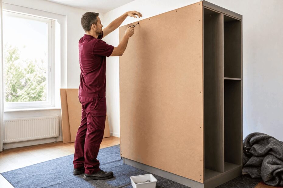Matratze Umzug – Umzugshelfer montiert einen Schrank