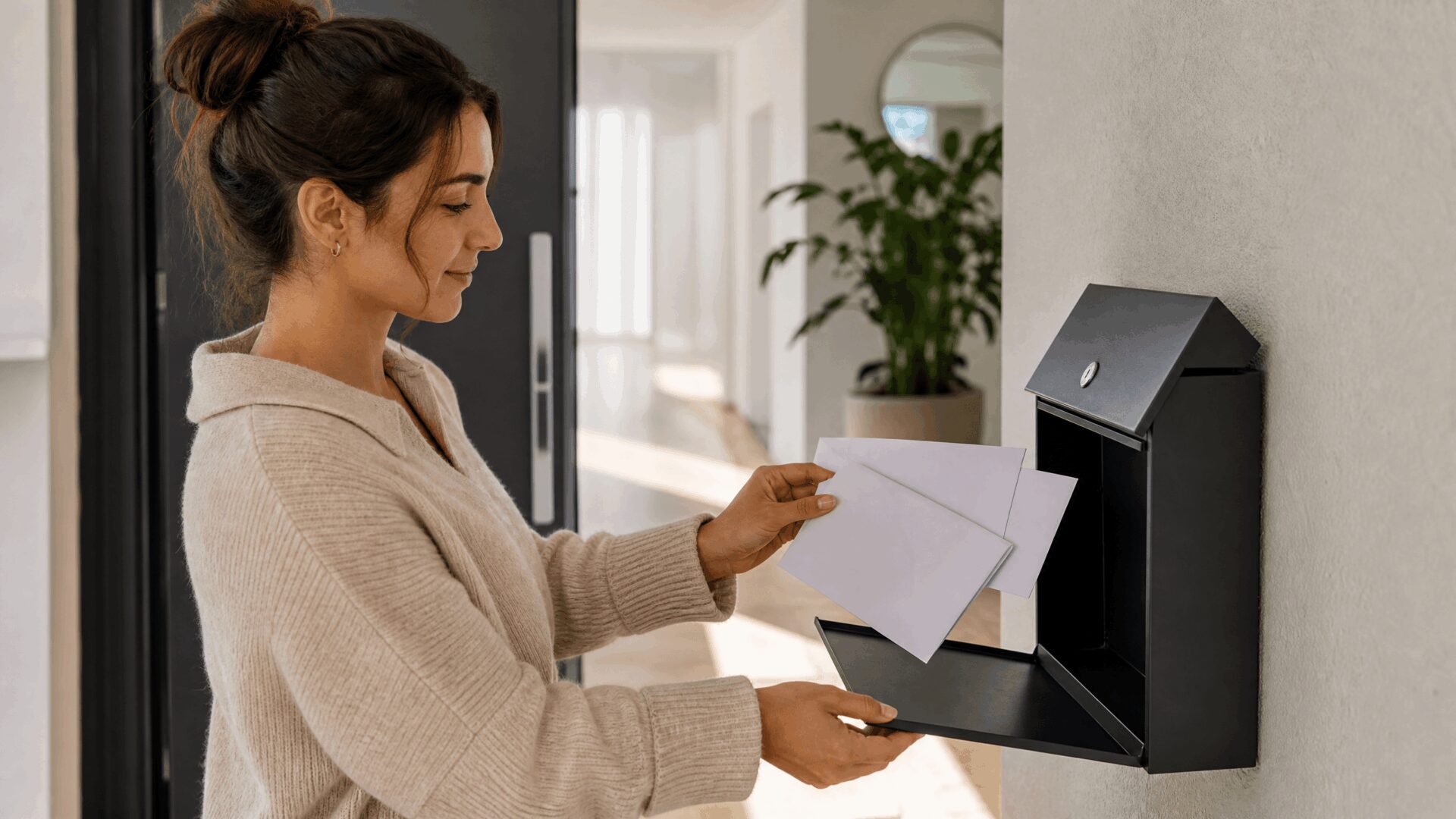Person entnimmt Briefe aus dem Briefkasten im Eingangsbereich der neuen Wohnung