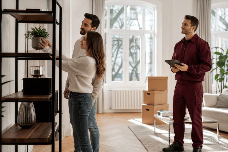 Erstbezug Neubau – Paar richtet ein Regal ein, Helfer mit Tablet