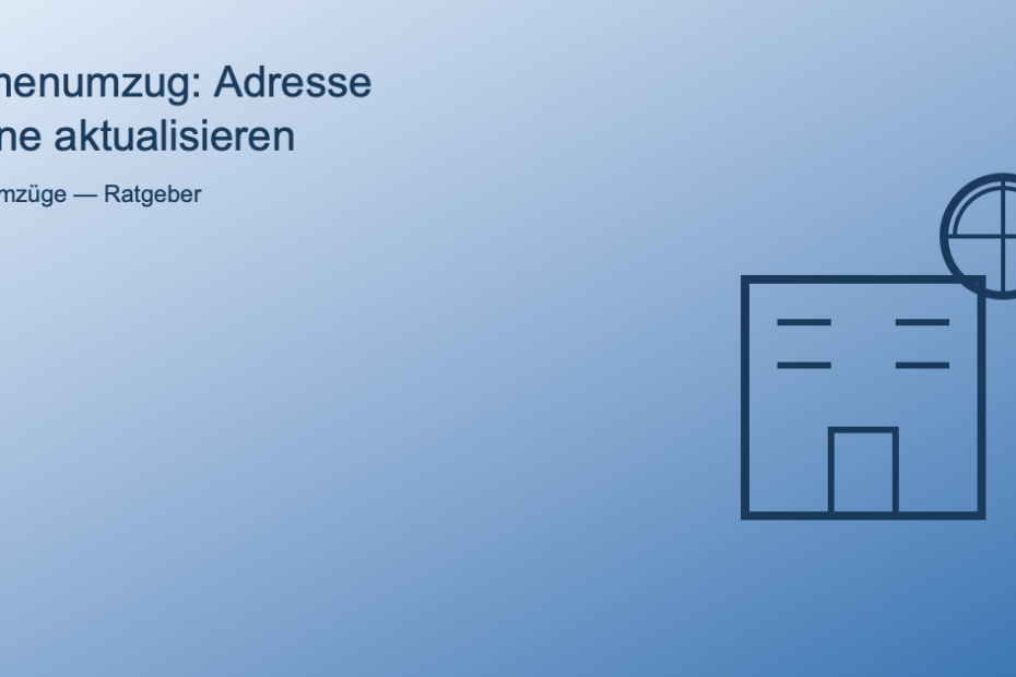 Illustration: Firmengebäude mit Standort-Symbol und Weltkugel für die Online-Adressaktualisierung nach einem Firmenumzug