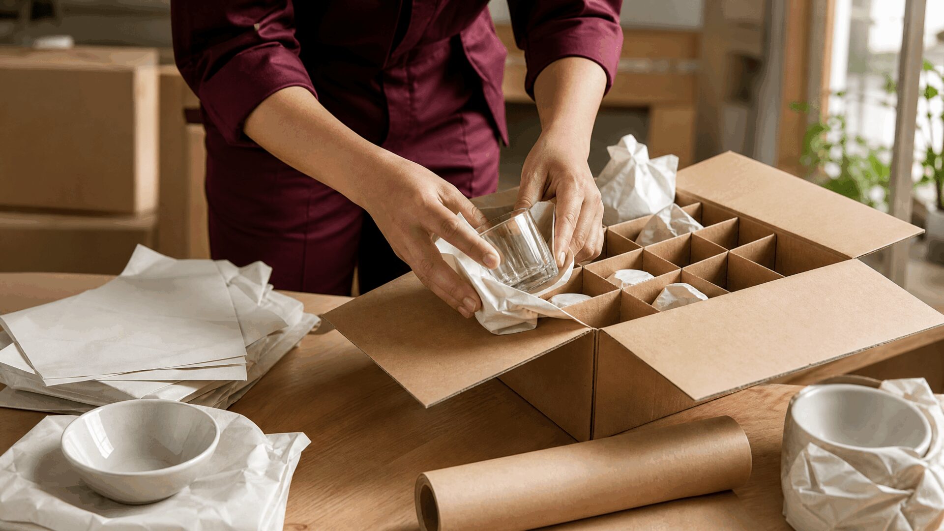 Hände wickeln zerbrechliches Geschirr sorgfältig in Packpapier