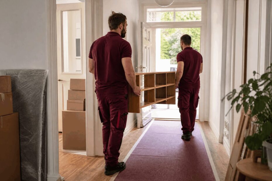 Haushaltsauflösung nach Todesfall – zwei Mitarbeiter tragen Möbel durch einen Flur