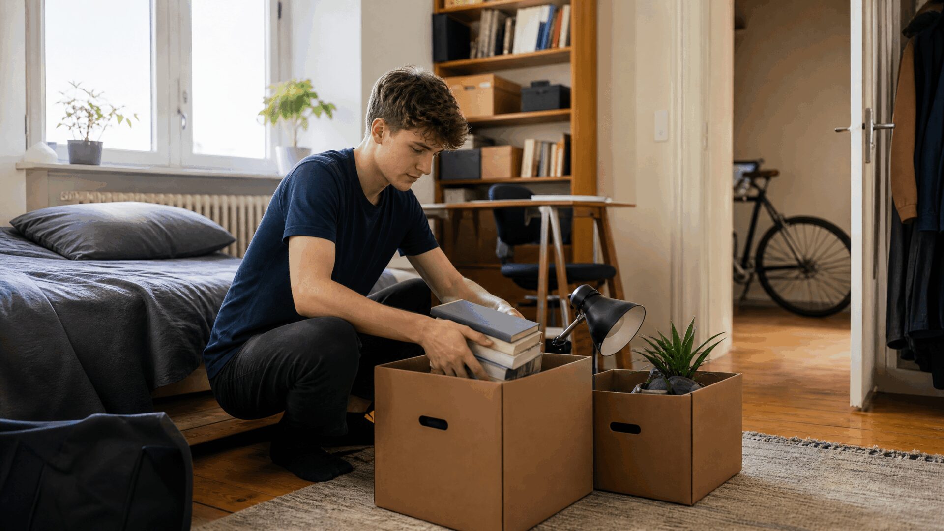 Student packt Bücher, Lampe und Pflanze in wenige Umzugskartons in einem hellen Zimmer