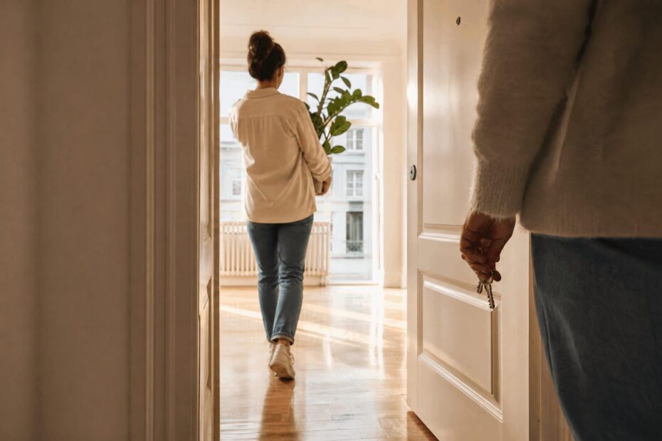 neue Wohnung streichen – Frau trägt eine Pflanze ins frisch gestrichene Zuhause