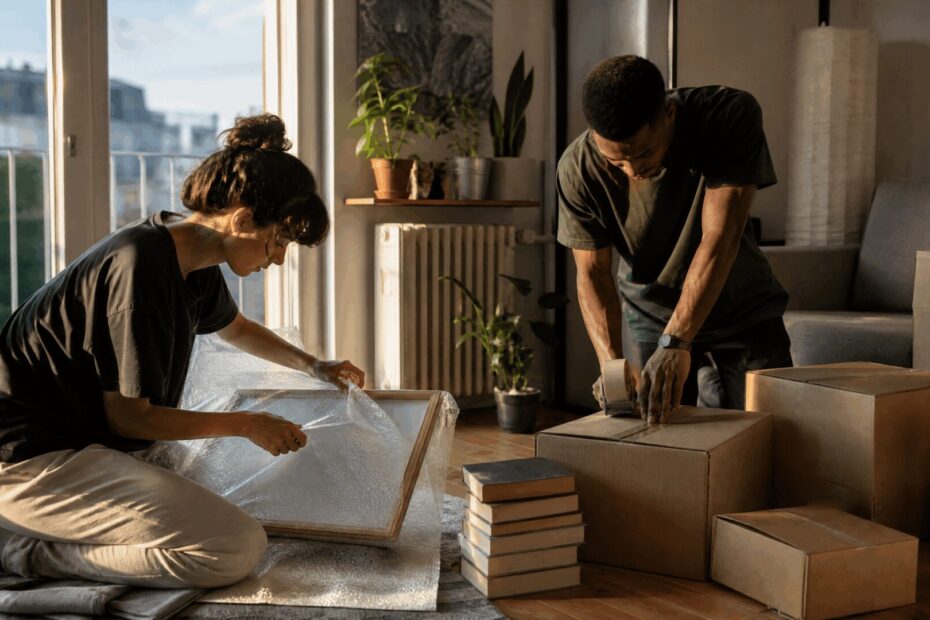 Schimmel Umzug – zwei Personen packen Bücher und Bilder