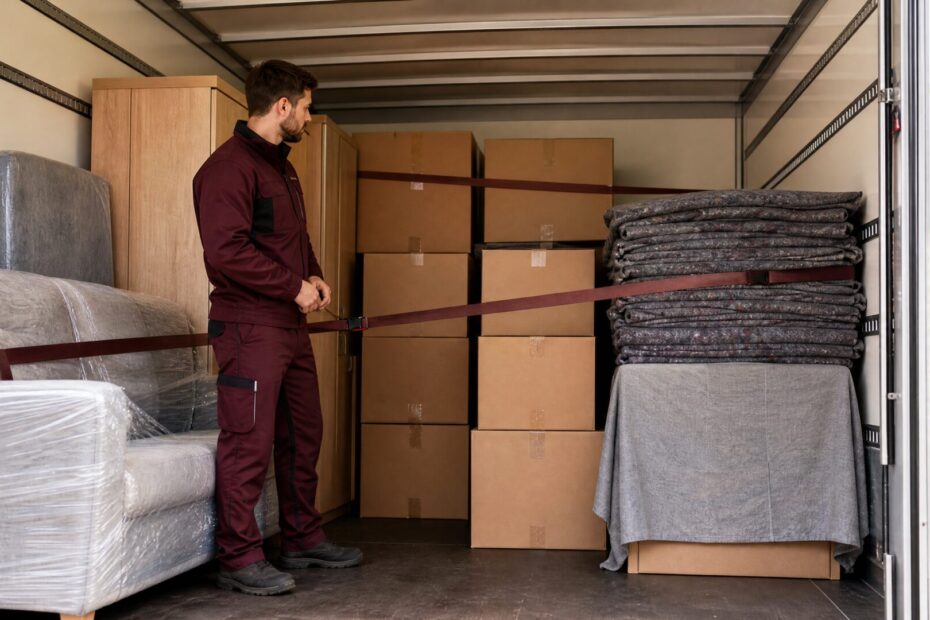Transporter mieten Umzug – Umzugshelfer im beladenen Lkw