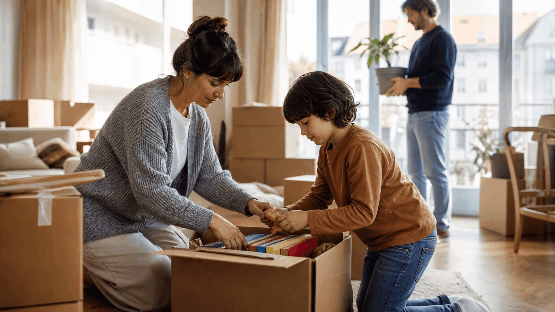 Elternteil und Kind packen Bücher und Spielzeug in einer hellen Wohnung ein