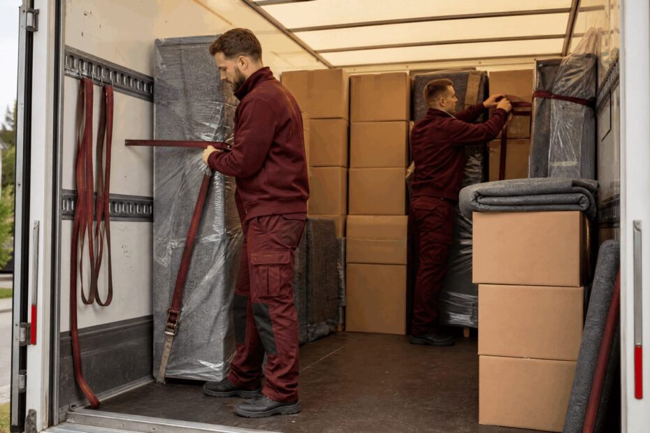 Umzug im Winter – Helfer verladen Kartons im Lkw
