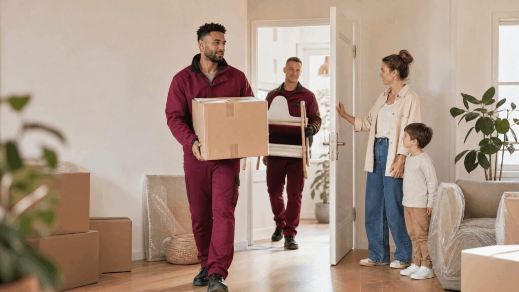 Moving company Berlin Zehlendorf – movers carrying boxes into a family's new home