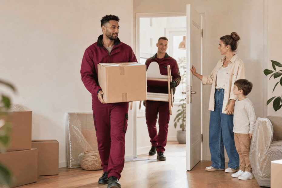Umzug innerhalb Berlins – Helfer tragen Kartons zu einer Familie