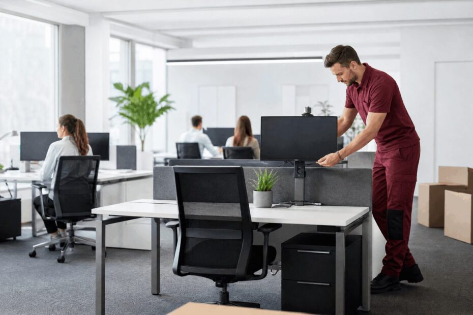 Umzug Selbstständige – Umzugshelfer stellt einen Arbeitsplatz im Büro auf